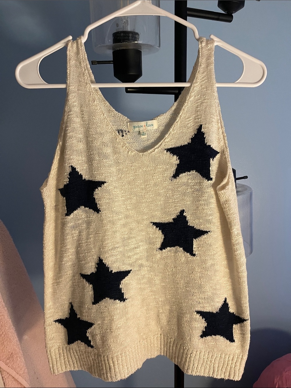 Grace & Lace Cream Knit Tank with Navy Star Accents